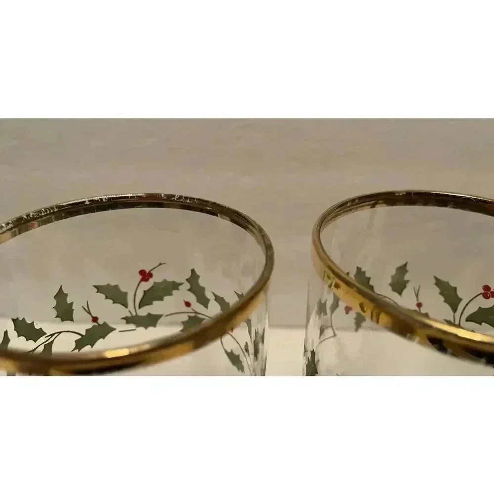 Lenox Holly & Berry Holiday Tall Glass Gold Trim‎ Set Of 2  6.25”H x 2 7/8”W